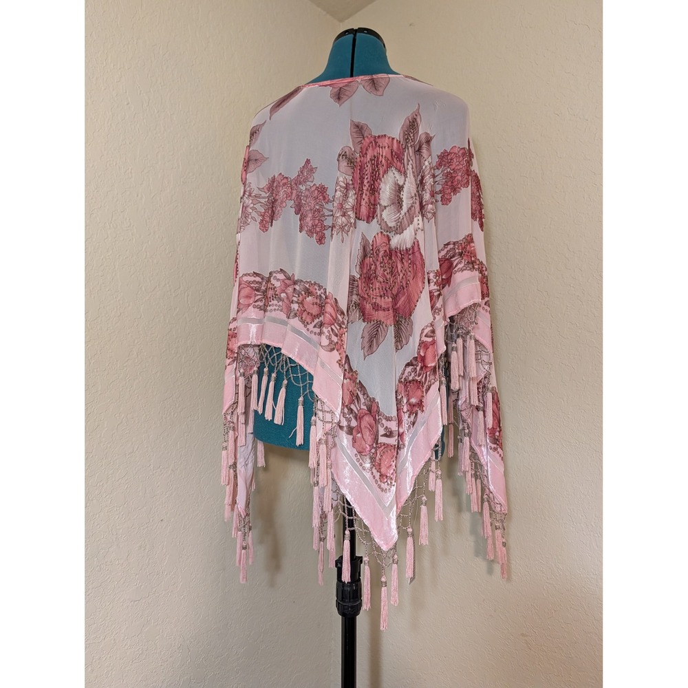 Cache Pink Floral Devore Burnout Velvet Poncho Beaded Tassel Fringe Silk OS NWT - Picture 2 of 7